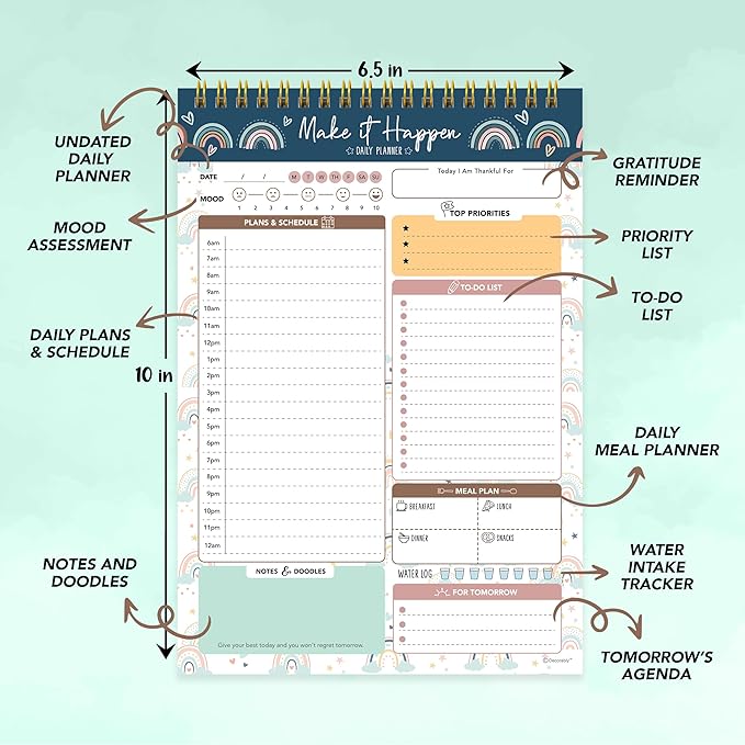 Decorably 52 Sheets Boho Rainbow Undated Daily to Do List Notepad - 6.5x10in Spring-Bound Planner, Easy Tear-Off, for Schedule, Priorities, Agenda, Water Intake, Meals, Notes & Doodles - Home, Office
