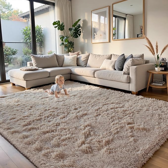 yongyangjuxin Fluffy Rug Shag Area Rug, Beige 8x10 Area Rugs for Living Room, Large Shag Area Rugs for Bedroom Room Home Decor, Upgrade Anti-Skid Rectangular Fuzzy Rugs