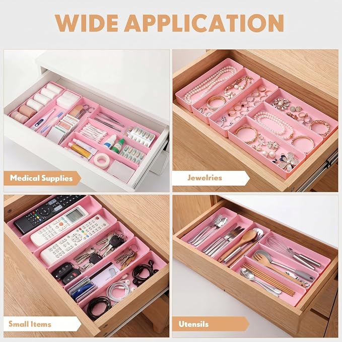 Teling 4 Pcs Pink Large Rectangular Desk Organizer Set, Half Accessory Tray, Plastic Tabletop Organizer for Office, Home, or Study, Dimensions: 9.45 x 2.95 x 1.38 Inches