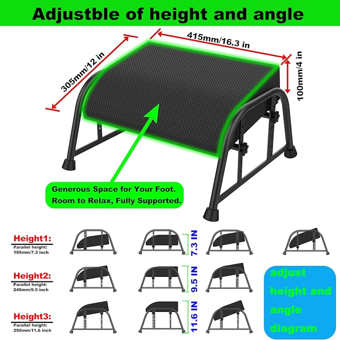 10-Level Adjustable Under Desk Footrest, XL Black Metal Frame | Ergonomic under desk leg rest or desk foot rest. Home computer heavy duty office chair foot stool for gamers,work(Black Plus)