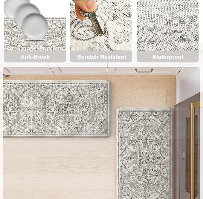 KIMODE Anti Fatigue Kitchen Mat, Cushioned Boho Kitchen Runner, Non Slip Farmhouse Kitchen Mat for Floor, Waterproof Standing Desk Mat for Laundry, Office, Sink Grey 17.3"x59"