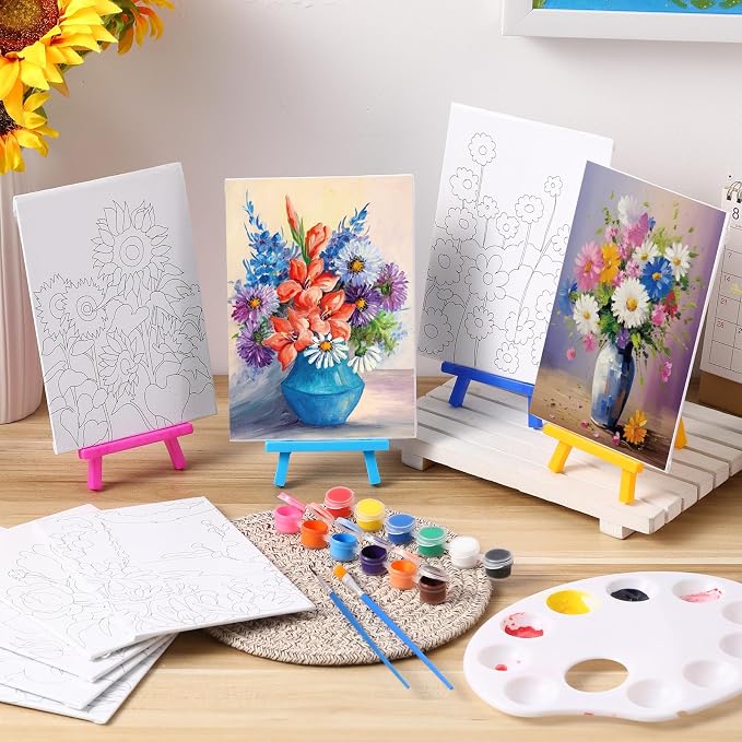 Blosssound 10 Set Pre Printed Canvas Pre Drawn Canvas Painting with Easel Kits 5" x 7" Outline Painting Panels for Beginners, DIY Craft Project, Party Favor, Home Decors(Flower)