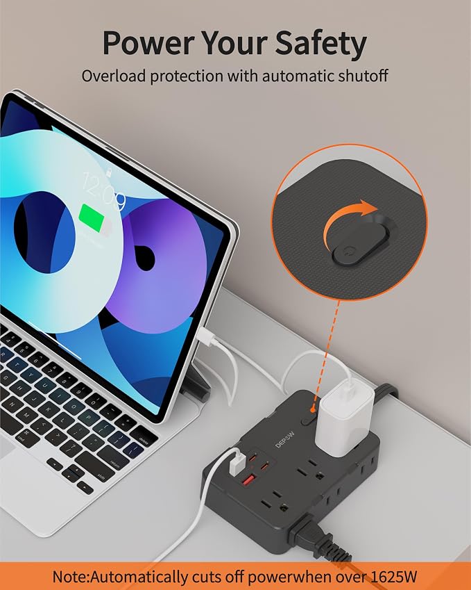 DEPOW Surge Protector Power Strip, 3 FT Extension Cord with 6 AC Outlets 4 USB Ports,1050J Surge Protection, Wall Mountable Charging Station for Office, Home, Black