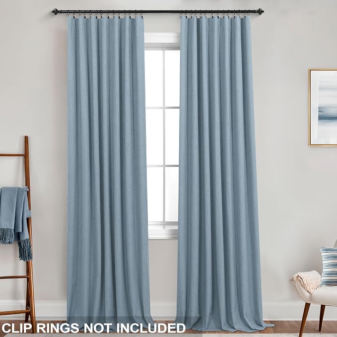KOUFALL Dusty Blue Linen Blackout Curtains 84 Inches Length for Bedroom,Thermal Curtain for Summer Insulated, Black Out Farmhouse Back Tab Pleated Drapes 84 Inch Long 2 Panels Set, Stone Blue