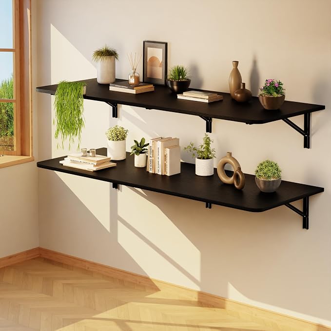IAE Wall Mounted Floating Foldable Desk 60" x 22" Folding Computer Workstation Table with Engineered Wood and Metal Shelf Brackets,Fold&Floating Design for Home Office, Apartment,Laundry Room,Black