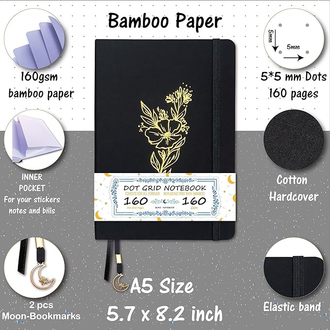 BUKE Dotted Notebook - Cotton Fabric Hardcover - 160gsm Thick Bamboo Paper - A5 Size Dotted Journal - 5x5mm DOT GRID Layout 160 Pages With Gift Box (BKC-2B)