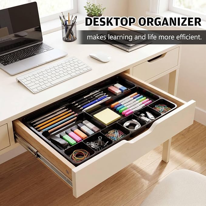4 Pcs Shallow Drawer Organizers 14" x 9" x 1" Desk Drawer Organizer Tray with 9 Storage Compartments for Home Office Classroom School Organizing Pens Paper Clips Sticky Notes (Black)