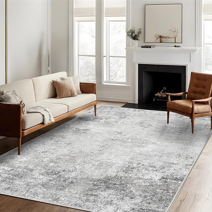 Washable 5x7 Abstract Area Rug - Modern Non Slip Stain Resistant Area Rugs for Living Room Bedroom Nursery - Neutral Thin Low-Pile Indoor Carpet Soft Floor Mat for Boho Room Decor (5X7 Grey)