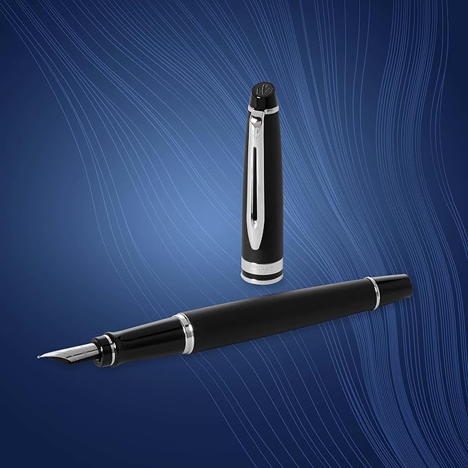 Waterman Expert Fountain Pen, Matte Black with Chrome Trim, Fine Nib with Blue Ink Cartridge, Gift Box