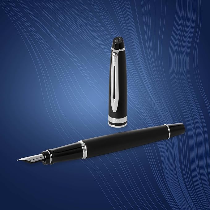 Waterman Expert Fountain Pen, Matte Black with Chrome Trim, Medium Nib with Blue Ink Cartridge, Gift Box
