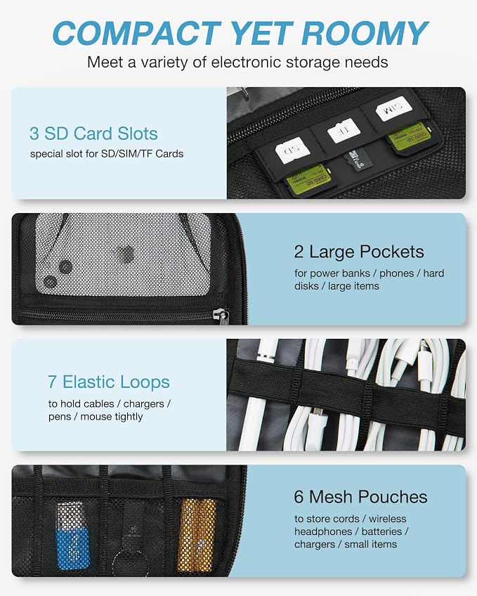 BAGSMART Large Electronics Organizer Travel Case for Tech Accessories, Blue | Tech Accessories, Cord Storage Bag, For Phone, Power Bank, SD Card, Cables
