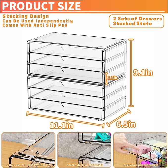 2 Pack Acrylic Storage Drawers With 6 Drawers,Stackable Desk Organizer and Makeup Organizer,Large Clear Office Supplies Organizer for Pen,Stationary,Palettes,Arts Craft Organizers and Storage