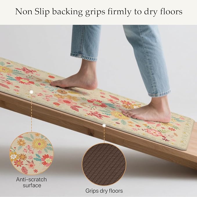GENIMO Anti Fatigue Kitchen Mats for Floor 2PCS, Cushioned Standing Mats | 17.3"x47"&17.3"x30", Beige vintage floral rug set, waterproof, non slip, easy-clean for farmhouse