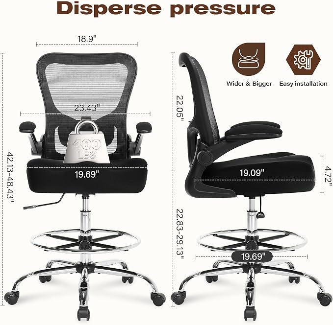 400LBS Drafting Chair,Executive Tall Office Chair with Adjustable Lumbar Support Foot Ring,Comfy W-Shape Thicken Cushion Mesh Chair,Task Chair Padded Flip-up Armrest for Home Office,Black
