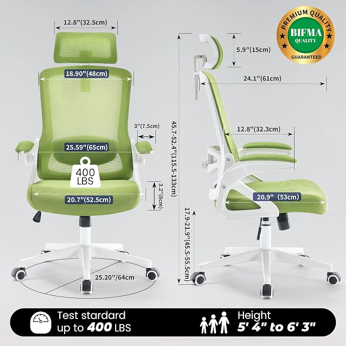 Fizzin Ergonomic Office Chair, 400 LBS Desk Chair with Adjustable Lumbar Support, High Back Breathable Mesh Computer Chair Rolling Work Swivel Task Chairs, Comfy Home Office Desk Chair (Green)