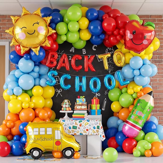 140 Pcs Red Blue Yellow Green Back to School Balloon Garland Arch Kit | Includes letter banner, rainbow pencil, school bus, sun and apple foil balloons ,Kindergarten Graduation Decorations