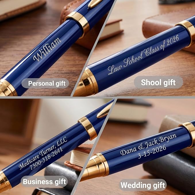 Ancolo Blue Ballpoint Pens - Modern, Classy, and Functional - Engraved with Your Message - Perfect for Groomsman, Wedding Party, Graduation, Christmas, Mother's Day