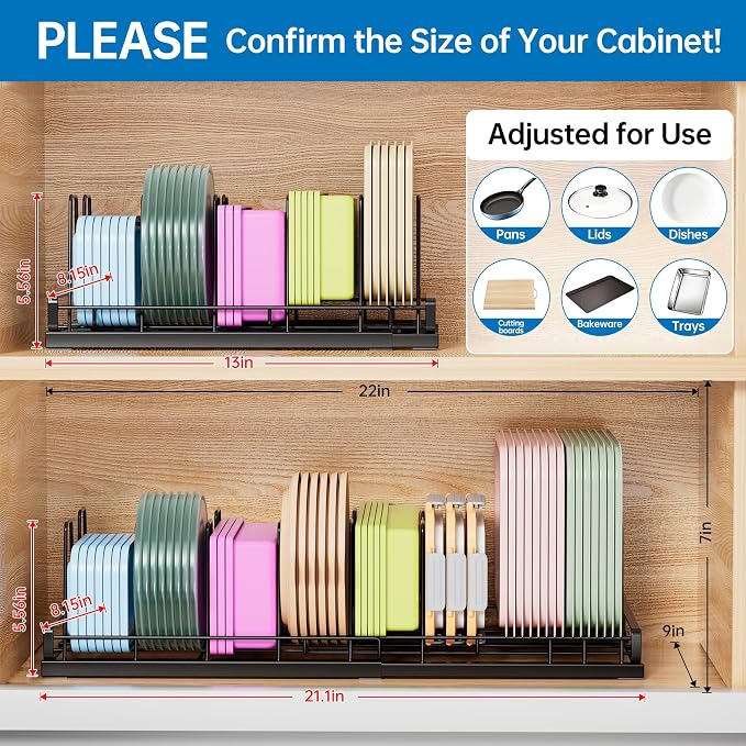 Expandable Food Container Lid Organizer with 9 Adjustable Dividers | Sturdy Metal Pots and Pans Organizer Rack for Home Kitchen Cabinets, Drawers, Pantry Shelves, Countertops, 8.15" Wide, Black