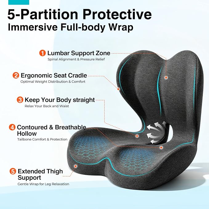 Seat Cushion for Office Chair and Car, L-Shaped Memory Foam Seat Cushion, Ergonomic Sciatica & Tailbone Pain Relief Cushion with Non-Slip Breathable Cover, Back Support for Office Chair-Dark Gray