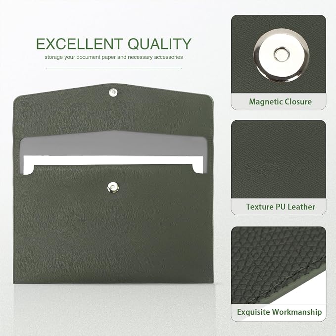 FYY File Folder, PU Leather A4 Document Holder File Organizer Filing Envelope Portfolio Case Tablet Sleeve with Magnetic Snap Closure for Home School Office Stationery LightGreen