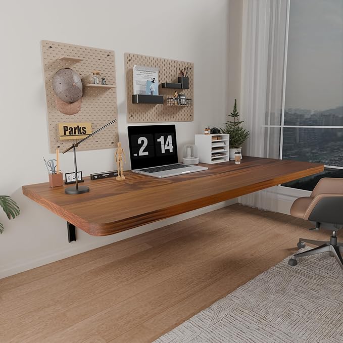 IAE Floating Wall Mounted Folding Table Desk with Pine Wood,48" x 22" Foldable Workbench,Fold Down wall Mounted Foldable Desk with Shelf Brackets,Laundry Folding Table for Home,Dining,Kitchen,Teak