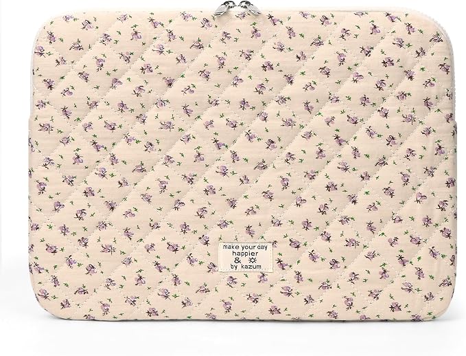 Puffy Laptop Sleeve Case Cute Computer Bag Flower Printed Quilted Laptop Carrying Cases Floral Pattern Protective Cover