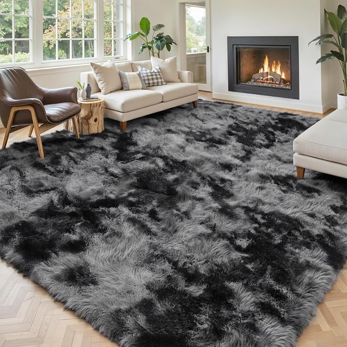 Area Rugs 9x12 Living Room,Large Area Rug Shaggy Carpet Soft Plush Furry Bedside Rug, Machine Washable Area Rugs for Bedroom Home Decor Non-Slip(9 x 12, Dark Grey Tie-Dyed)