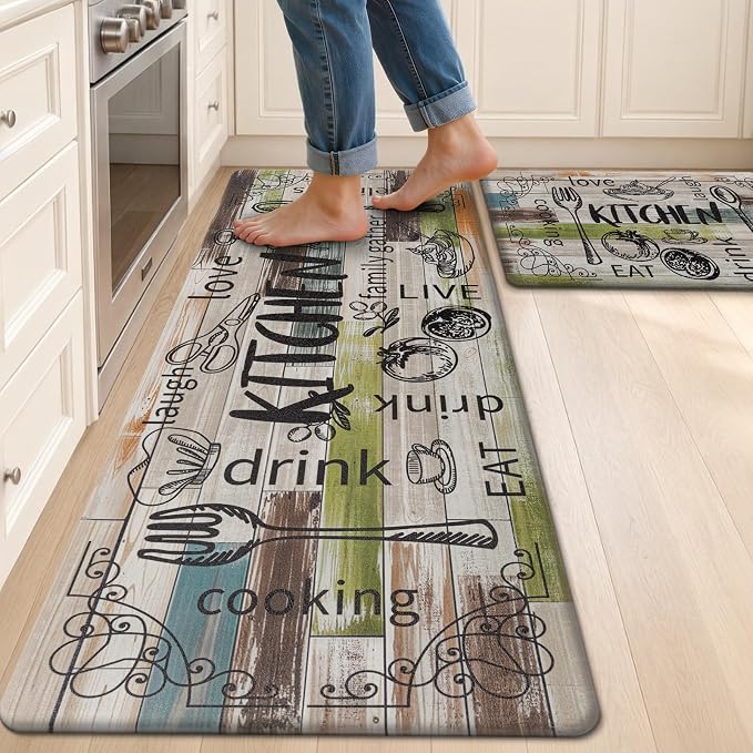 HEBE Anti Fatigue Kitchen Rugs Set of 2, Non Slip Cushioned Kitchen Mats for Floor, Waterproof Farmhouse Comfort Standing Desk Mat for Kitchen Sink,Office,Laundry
