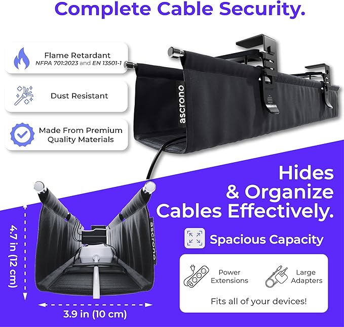 Original No Drill Under Desk Cable Management Tray 40.6" - Premium Black Fabric Cable Management Under Desk - Clamp/Screw Mount Cord Organizer - Supports Upto 66lbs - Large