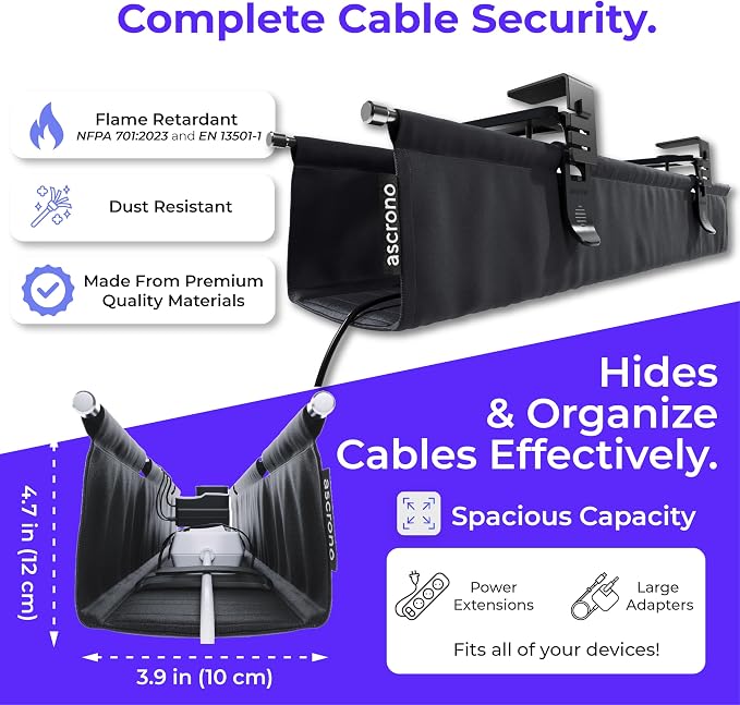 Original No Drill Under Desk Cable Management Tray 14.1" - Premium Black Fabric Cable Management Under Desk - Clamp/Screw Mount Cord Organizer - Supports Upto 66lbs