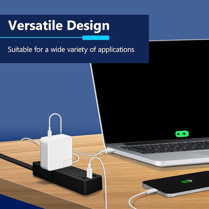 LIDER Outlet Extender with 3 Receptacles, USB-A & 2 USB-C Ports, Ultra-Thin Flat-Plug with Cord Extender, 3-Outlet Power Strip, Slim Angled Design, 5ft Cord, 1250W, ETL Listed, Matte Black
