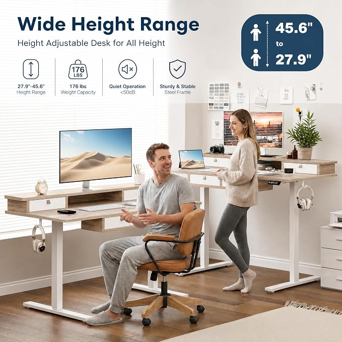 Grandder Electric Standing Desk with Four Drawers, Sit to Stand Up Height Adjustable Desk with Storage Shelf for Home Office, 47 * 28 Inch, Study, Ergonomic Adjustable Computer Desk, Maple