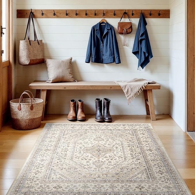 4X4 Square Rug for Living Room - Washable Kitchen Area Rug with Non Slip Rubber Backing for Bedroom Indoor Soft Stain Resistant Carpet Desk Rug for Pet-Friendly and Kitchen Decor Beige/Gray