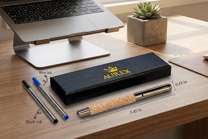 AUREX Luxury Rollerball Pen – Full Metal & Recycled Wood Design, Cork Grip, Elegant Gift Box w/Extra Refill – Fancy Executive Writing Pen