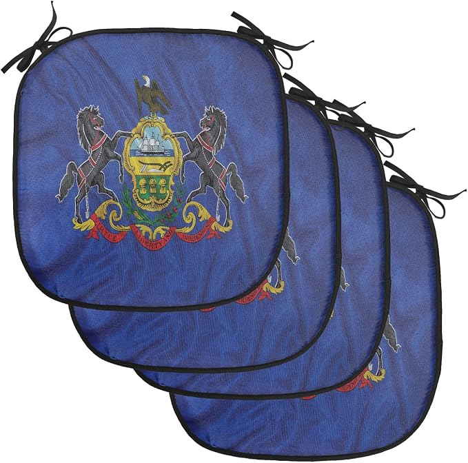 Lunarable American Chair Cushion Pads Set of 4, Pennsylvania Flag Sheaves of Wheat State Coat of Arms Wavy Patriotic, Anti-Slip Seat Padding for Kitchen & Patio, 16"x16", Blue Multicolor