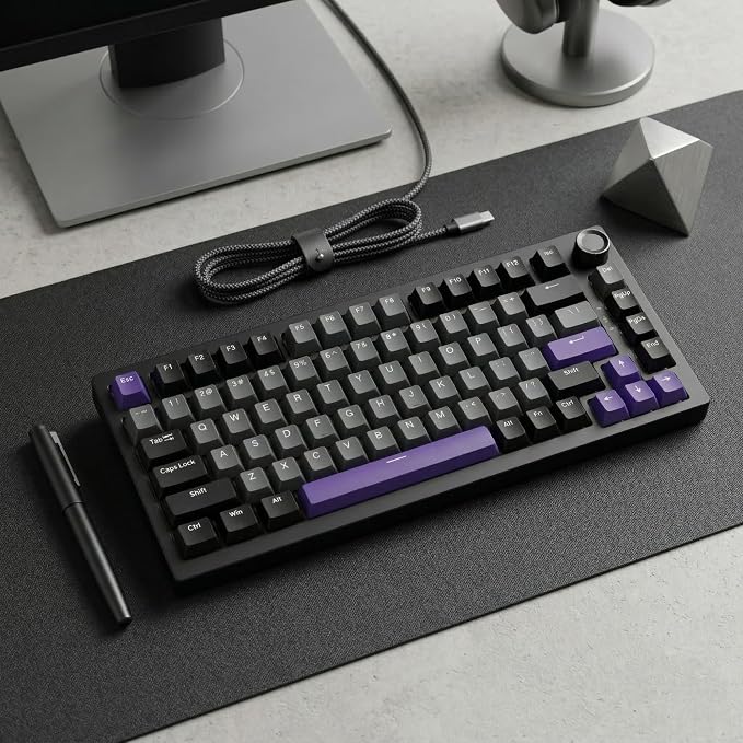 124 Keys Black Grey Purple Keycaps, PBT Double Shot Cherry Profile Keycap Set, Custom Mechanical Keyboard Keycaps for 60% 65% 75% 87% 100% ANSI Layout，Cherry Mx Switches