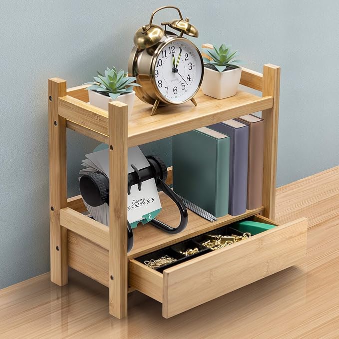 Sorbus 2-Tier Bamboo Countertop Shelf with Hidden Drawer for Vanity, Matcha Shelf, Bathroom Storage Cabinet, Under Sink Organizer, Bathroom Storage, Matcha Station Shelf (13″ L x 6.5″ W x 12.6″ H)