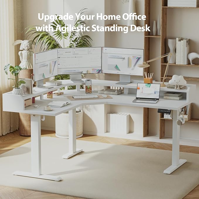 Agilestic L Shaped Standing Desk, Adjustable Height Corner Gaming Desk with Shelf, Sit Stand Up Desk, 63 x 55 Inch Home Office Computer Table, White