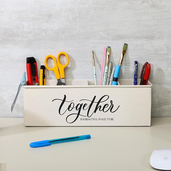 dudki Desk organizer with 4 compartments for office table | stylish Metal Desk Organizer | Stationary Storage | Pencil Holder for Office, Home, and Study Table (Together) Beige