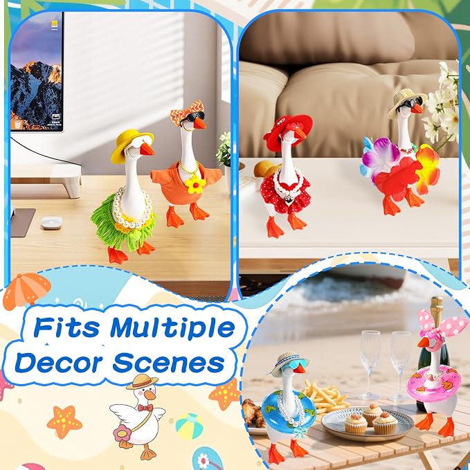 Desk Goose Key Holder 7 Inch Mini Figurine with 6 Set Summer Hawaiian Outfits,Summer Holiday Desktop Magnetic Small Proch Goose Resin Statue Set for Home Office Bedroom Office Table Decor