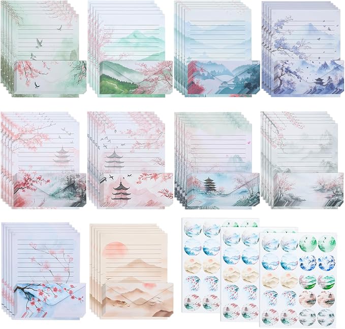 Mr. Pen- Stationery Writing Paper with Envelopes, 8.5 x 11 Inch | 160 Pack(50 Letter Writing Paper with 50 Envelopes and 60 Round Dot Sticker) Cherry Blossoms Cute Stationary Set with 10 Desi