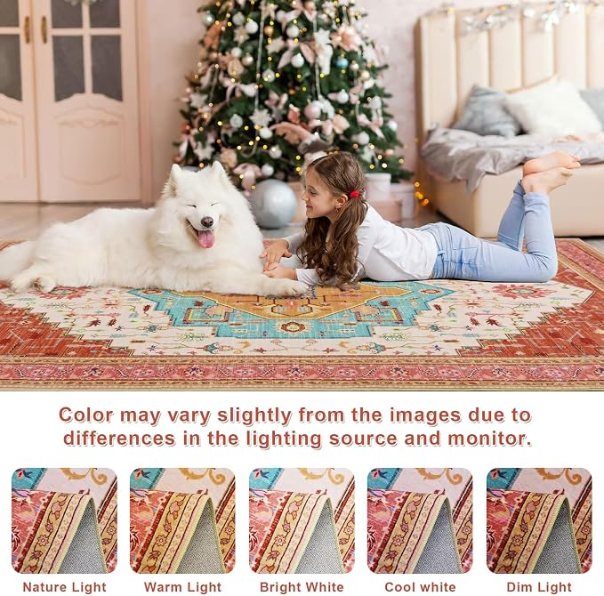 Macgace 5x7 Orange Pink Area Rug for Living Room, Machine Washable Rugs with Non-Slip Backing for Bedroom, Vintage Medallion Carpet Dining Room Office Kids Room Decor