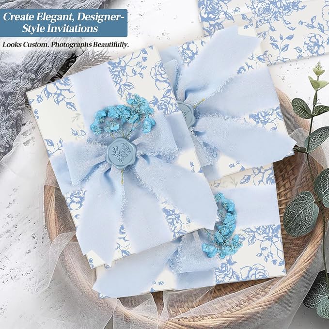 Wedding Invitation Accessories Kit, Pre-Folded Vellum Jackets for 5×7 Invitations with Wax Seal Stickers, Ribbon & Dried Flowers, Elegant Wedding Invitation Accessories for DIY Bridal Invites (Blue-Rose, 50)