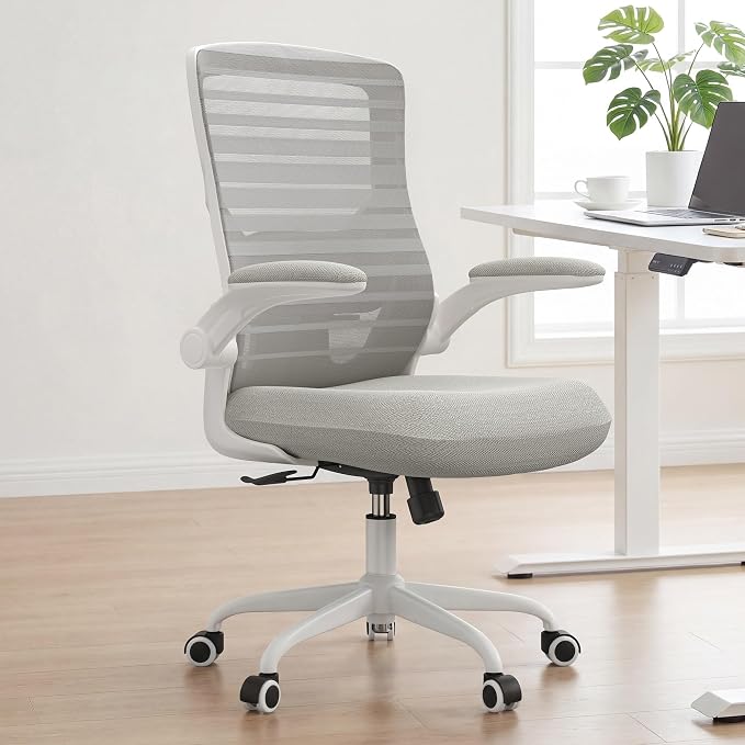 Office Chair for Long Hours & Back Pain Relief – 4" Molded Foam Cushion, Padded Lumbar Support, and Padded Flip-up Armrests, Ideal for Office or Study, Light Gray