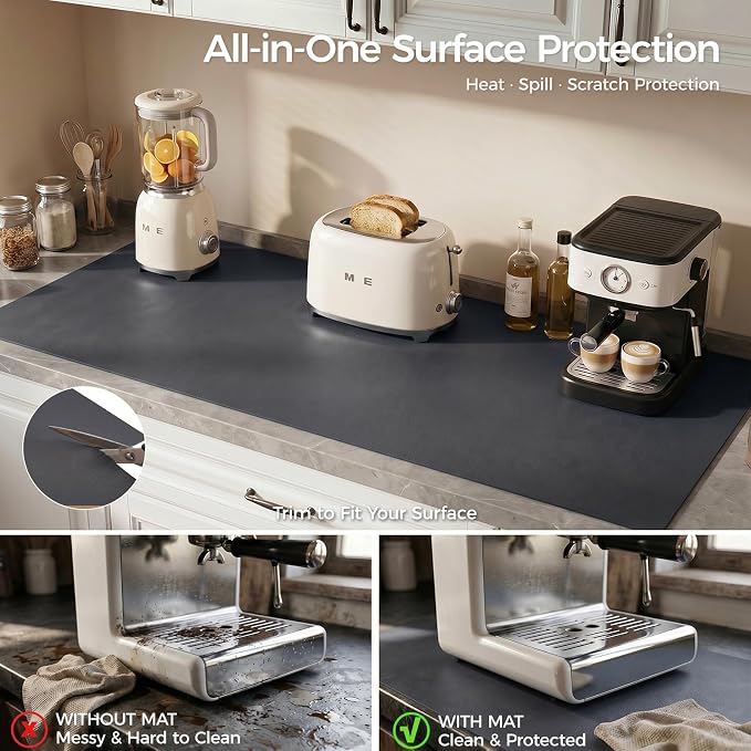 1.6mm Thick Leather 16x48 Inch Non-Slip Mat, Waterproof Countertop Protector, Kitchen Countertop Cover/Desktop Blotter, Obsidian Black