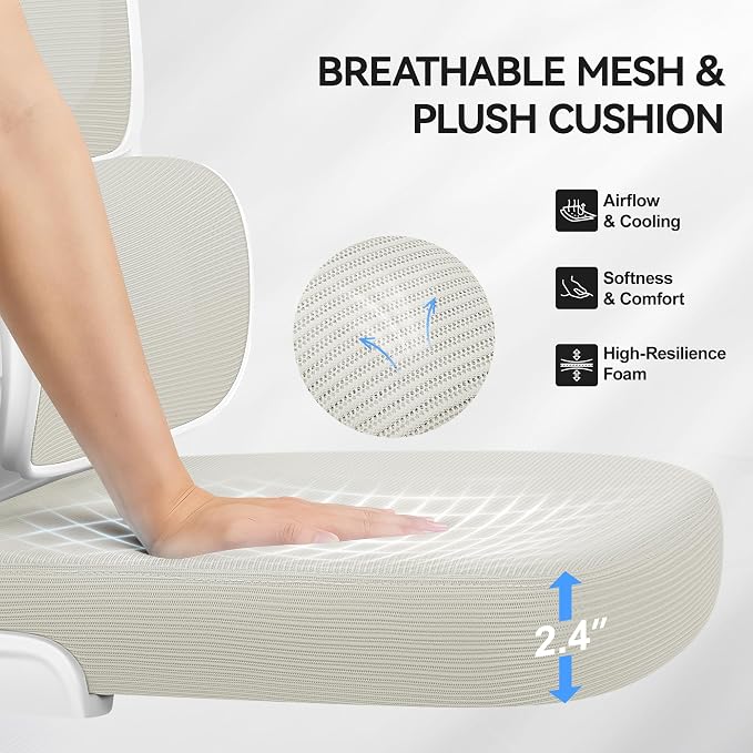 ALLGOD Ergonomic Office Chair, Mesh Desk Chair with Lumbar Support, High Back Home Office Chair with Adjustable Headrest and Flip-Up Arms, Comfortable Computer Chair, Thick Cushion, 300 LBS, White