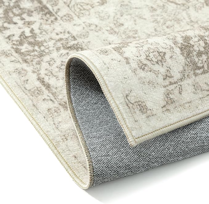PureCozy 6x9 Area Rug Beige Washable Living Room Bedroom Carpet Vintage Distressed Large Non Slip Low Pile Thin Dining Room Home Office Medallion Accent Rug