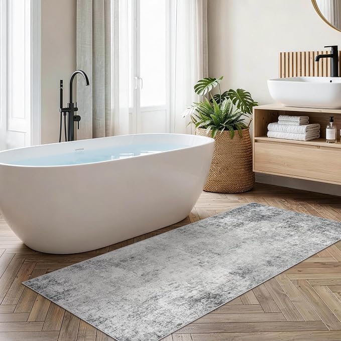 Abstract 2x6 Runner Rug for Home: Living Room Entryway Hallway Rugs Indoor Non Slip with Rubber Backing Extra-Soft Home Decor Mats for Bedroom Kitchen Distressed Ultra Thin Low Pile Carpets 2x6 Grey
