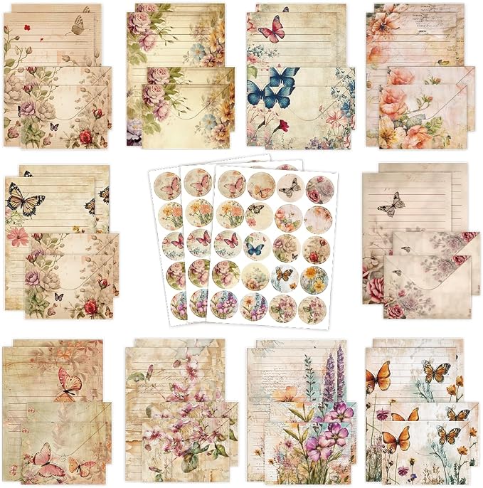 FUNCLASS 160 Pcs Stationery Set Letter and Envelopes – 50 Lined Stationery Paper and 50 Matching Envelopes, 5.5 x 8.25 Inches Letter Writing Stationery for Home, Office, School (Vintage Butterfly)