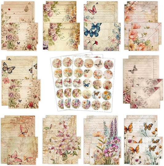 FUNCLASS 160 Pcs Stationery Set Letter and Envelopes – 50 Lined Stationery Paper and 50 Matching Envelopes, 5.5 x 8.25 Inches Letter Writing Stationery for Home, Office, School (Vintage Butterfly)